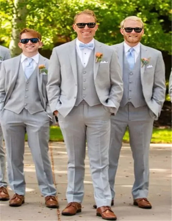 Light Grey Wedding Groomsmen Suits Three Pieces Notched Lapel Men Suits