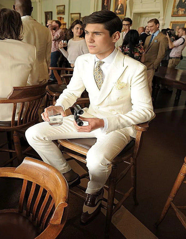 Great Gatsby Jacket and Pants Outfit - Ivory linen Suit - Slim Fit