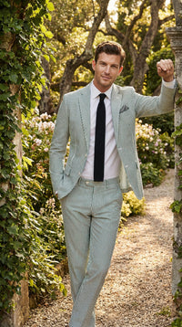 Men’s White and Green Seersucker Suit – Classic Striped Lightweight Summer Suit for Weddings and Formal Events Cotton Fabric
