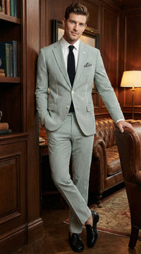 Men’s White and Green Seersucker Suit – Classic Striped Lightweight Summer Suit for Weddings and Formal Events Cotton Fabric