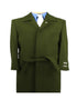 Mens Solid Olive Green 100% Wool Gabardine Belted Duster Overcoat