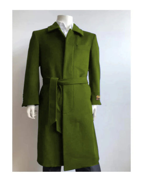 Mens Solid Olive Green 100% Wool Gabardine Belted Duster Overcoat