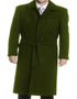 Mens Solid Olive Green 100% Wool Gabardine Belted Duster Overcoat