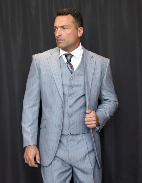 Mens Vested Gatsby Suit Pinstripe Grey Regular Fit Venetian