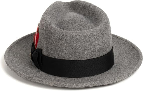 Gangster 100% Austrailian Wool Crushable Mens Fedora Hat - Removable Feather Gangster  Grey Melange Mens Fedora Hat