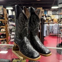 Men's White Diamonds Boots Black Hand-Tooled Western Boots Square Toe