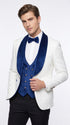 Marco Lorenzo Premium White Paisley 4 Piece Suit with Royal Blue Velvet Shawl Lapel and Matching Bow Tie