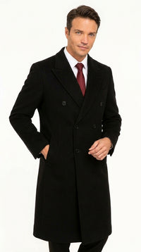 Men’s Black Full Length Double Breasted Wool Overcoat, Formal Winter Topcoat