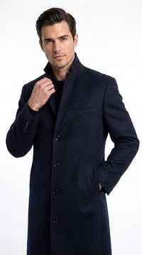 Men’s Navy Blue Bravo Top Overcoat, 4 Button Wool Blend Formal Winter Dress Coat