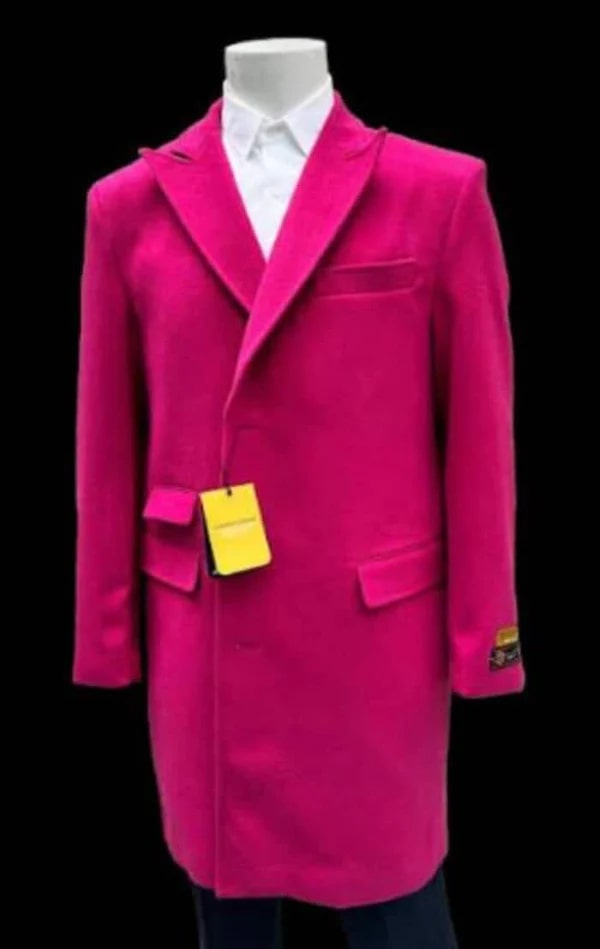 Mens Hot Pink Wool Fashion Overcoat - Hot Pink Car Coat