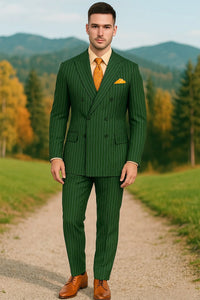 Mens Hunter Green Pinstripe Double-Breasted Suits – Bold 6-Buttons Vintage Gangster Style 1920s Look