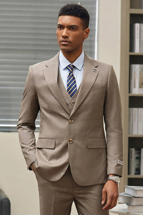 Men's Stacy Adam's Two Button Vested Sharkskin Business Suit in Dark Tan