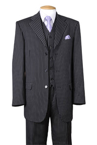 Mens Vested 3 Button 1920's Bold Gangster Chalk Pinstripe Suit in Black