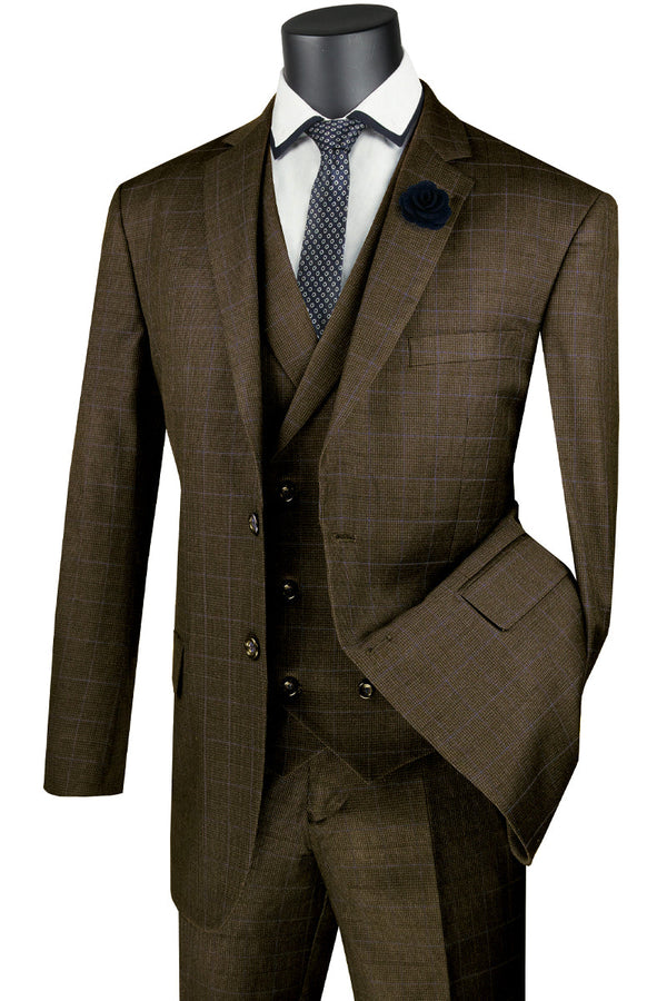 Mens 2 Button Double Breasted Vest Plaid Suit in Taupe