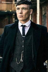Mens Peaky Blinders Costume Thomas Shelby Black Vested Suit & Black Overcoat