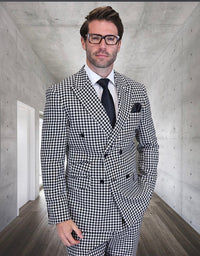 Men’s Black & White Houndstooth Double Breasted Wool Suit – 2 Piece Modern Fit Peak Lapel Suit