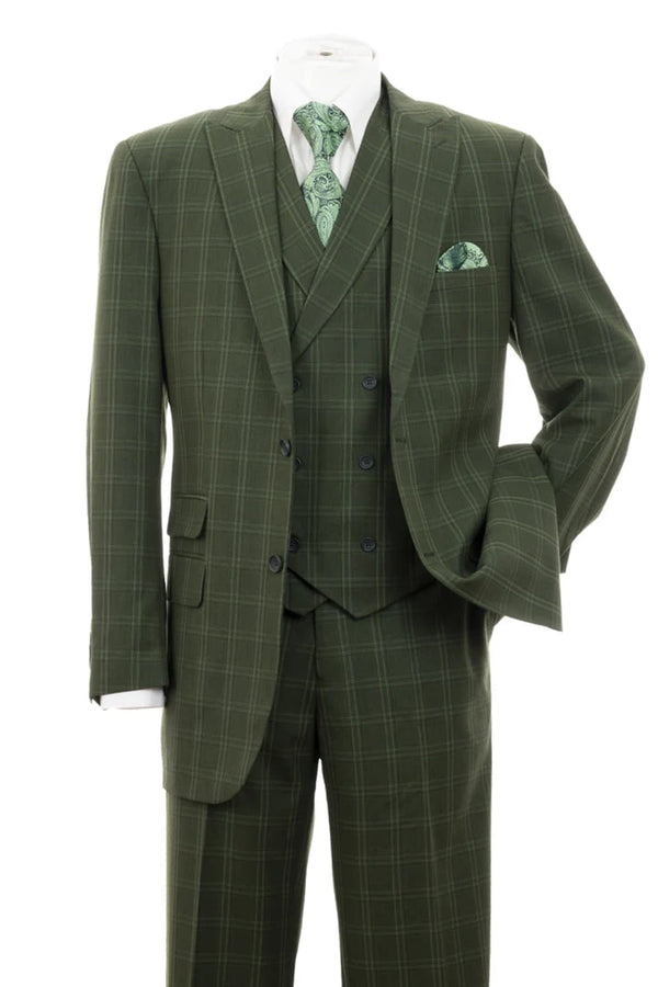 Mens 2 Button Double Breasted Vest Suit In Olive Windopane Plaid