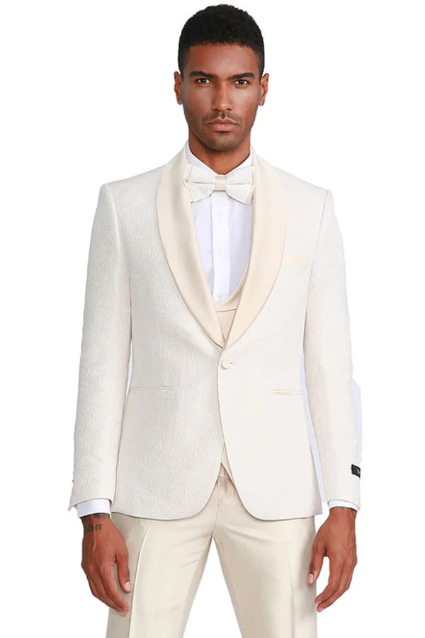 Men's One Button Vested Paisley Prom & Wedding Tuxedo With Satin Vest And Pants Ivory