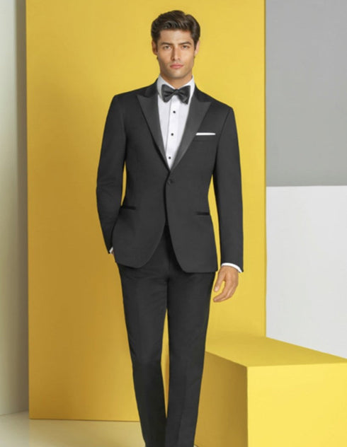 Mens Designer Slim Fit One Button Peak Tuxedo in Black - Mens Slim Fitted Tuxedo