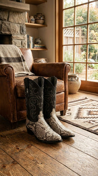 Men’s Natural Python Snakeskin J Toe Cowboy Boots with Black Western Shaft, Exotic Dress Boots
