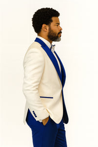 Hilton White and Royal Blue Paisley Peak Lapel Tuxedo Jacket with Matching Shawl Vest and Wool Pants – Includes Bow Tie