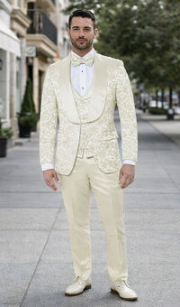 Ivory Floral Prom Tuxedo for Men – Wide Shawl Lapel Formal Set