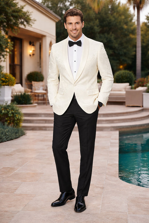 Ivory Paisley Tuxedo Jacket with Shawl Lapel – Luxury Wedding & Prom Blazer for Men