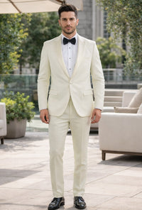 Classic Ivory Slim Fit Tuxedo with Peak Framed Lapel – Formal Wear