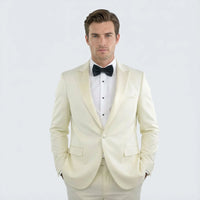 Classic Ivory Slim Fit Tuxedo with Peak Framed Lapel – Formal Wear