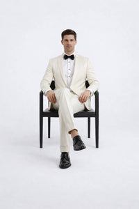 Classic Ivory Slim Fit Tuxedo with Peak Framed Lapel – Formal Wear