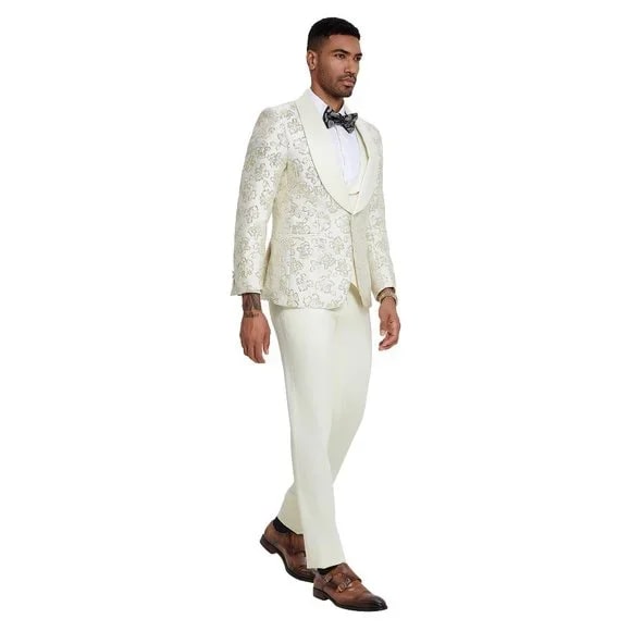 2024 Ivory Shiny Floral Mens 3pc Suit by Tazzio