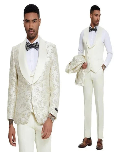 2025 Ivory Shiny Floral Mens 3pc Suit by Tazzio