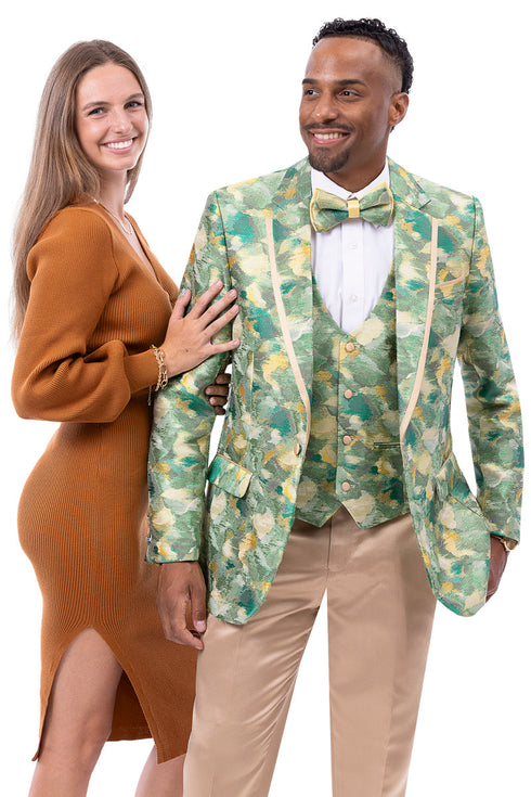 Men's Modern Fit Green Floral Print Tuxedo Jacket & Vest Set