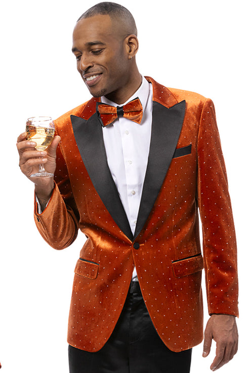 Men's Modern Fit Wedding & Prom Tuxedo Jacket in Orange Rust with Diamond Studs