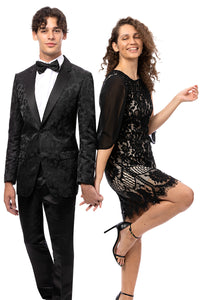 Men's Two Button Shiny Floral Print Prom Tuxedo Jacket in Black