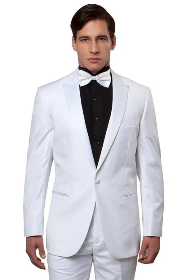 All White Mens Tuxedo -  Wedding Suit - Men's Slim Fit One Button Peak Lapel Wedding Tuxedo In White