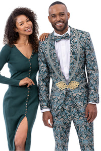 Men's Designer Turquoise Brocade Floral Print Wedding & Prom Tuxedo with Frog Closure