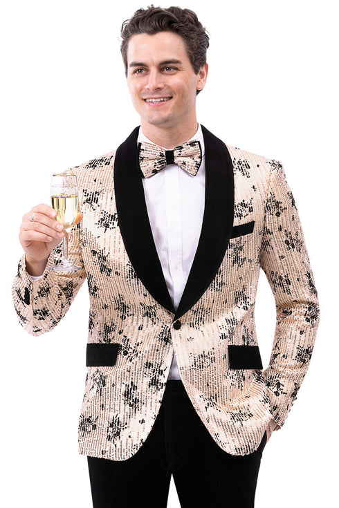 Men's Modern Fit Floral Sequin Wedding Tuxedo in Champagne Tan