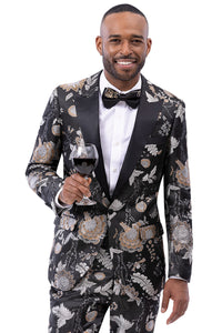 Men's One Button Peak Lapel Wedding & Prom Tuxedo Jacket in Black, Silver, & Gold Paisley