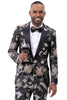 Men's One Button Peak Lapel Wedding & Prom Tuxedo Jacket in Black, Silver, & Gold Paisley