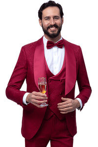 Men's Vested Shawl Lapel Wedding & Prom Tuxedo in Burgundy Wine Paisley