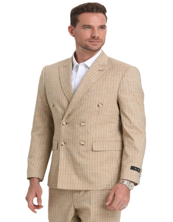 Mens Khaki Color Tuxedo - Mens Slim Fit Double Breasted Khaki Pinstripe Summer Suit