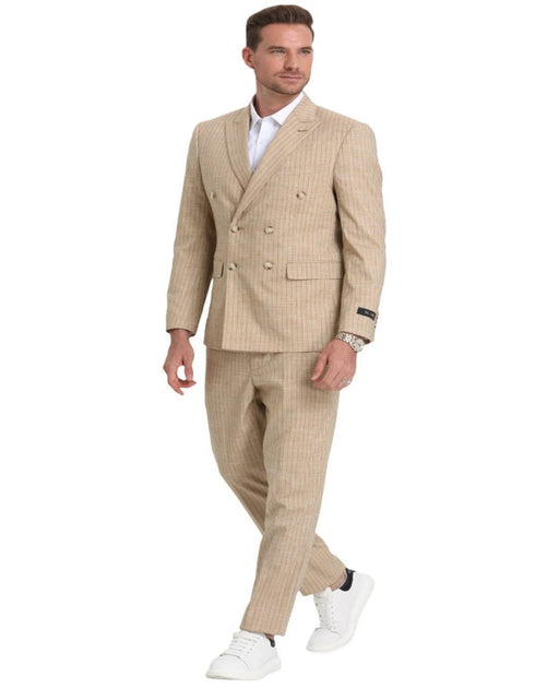 Mens Khaki Color Tuxedo - Mens Slim Fit Double Breasted Khaki Pinstripe Summer Suit