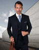 Mens 2 Button Slim Fit Wool Suit With Double Breasted Vest in Navy Blue