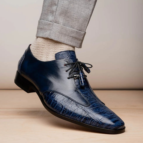 Marco Di Milano Anzio Exotic Alligator & Calfskin Leather Blue Oxfords