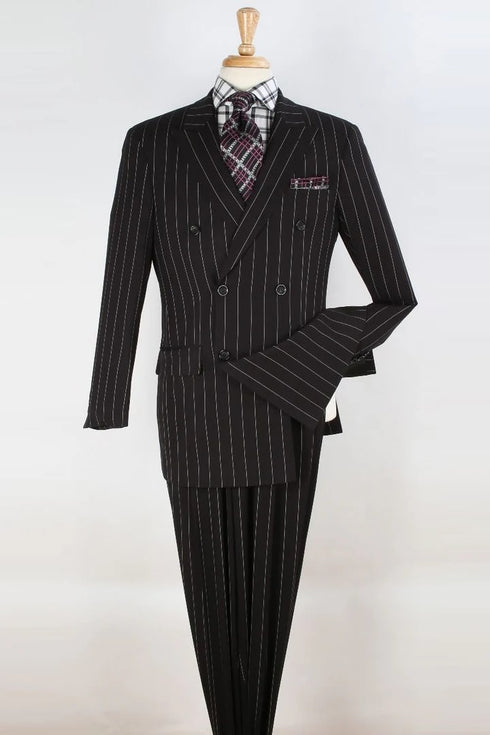 Mens Double Breasted 1920's Wide Bold Gangster Pinstripe Suit In Black