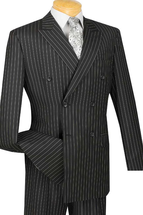 Mens Double Breasted Gangster Bold Pinstripe Black Suit