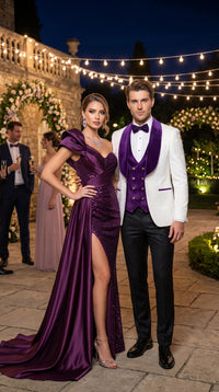 Marco Lorenzo Premium White Paisley 4 Piece Suit with Purple Velvet Shawl Lapel and Matching Bow Tie