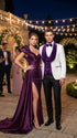 Marco Lorenzo Premium White Paisley 4 Piece Suit with Purple Velvet Shawl Lapel and Matching Bow Tie