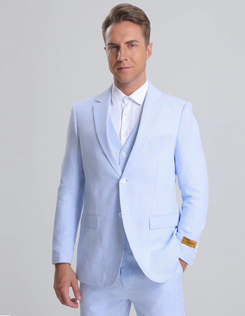 Mens Vested Summer Seersucker  Classic Suit in Blue Pinstripe